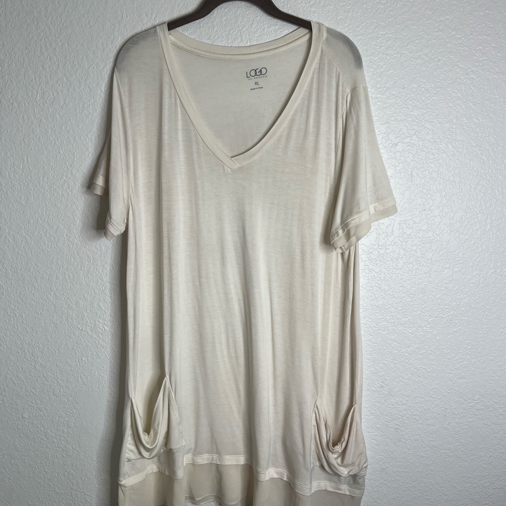 LOGO Lori Goldstein Off White Ruffle Trim Pocket Shirt Size XL